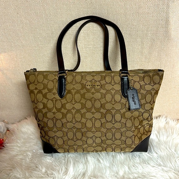Coach Handbags - Coach F29958 Signature Jacquard Zip Tote Bag - Khaki/Brown